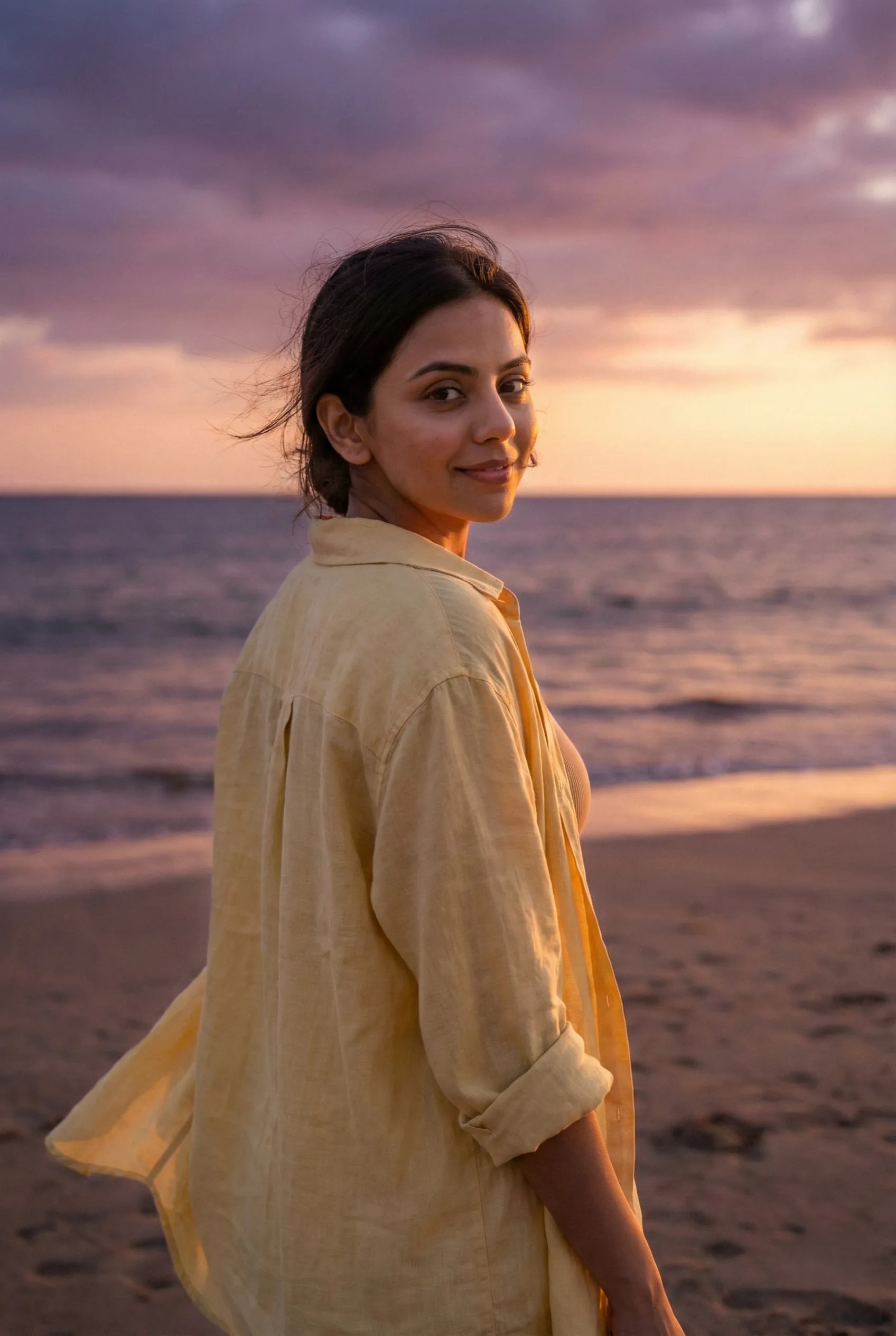 A woman in a yellow linen shirt smiles over her shoulder on a beach at sunset.